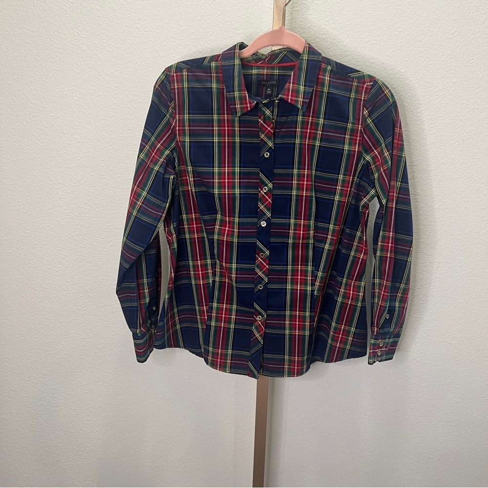 Talbots button down Plaid Navy holiday 10P